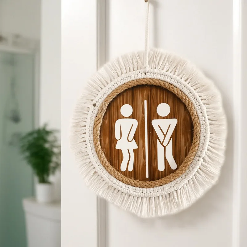 ​​​​​​​Bohemian Macrame Hanging Ornament with Cotton Rope Weaving and Fringe Tassels Handmade Decorative Sign for Bathroom Decor
