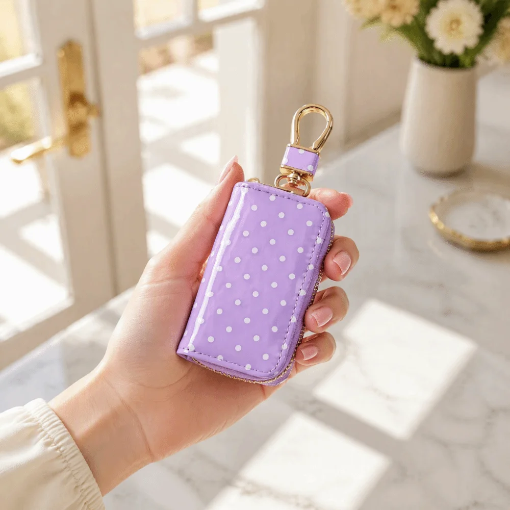 Durable Polka Dot Key Pouch Metal Clasp Pu Leather Zipper Key Protection Cover Compact Water Resistant Small Wallet