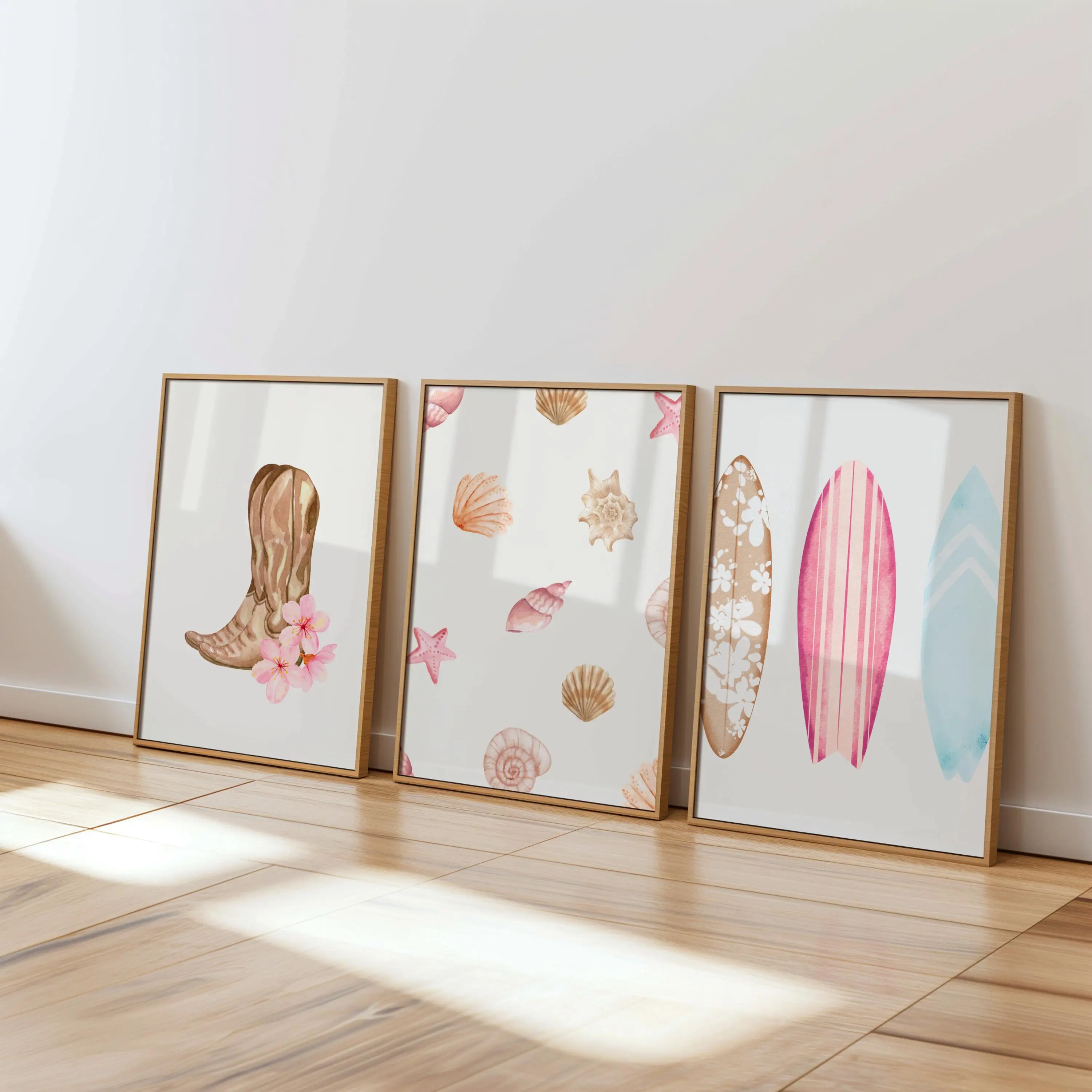 Coastal Cowgirl Decor Wall Art Seashell Beach Wall Art Pink Surf Art Coastal Wall Art Preppy Room Decor Cowgirl Surfer Art