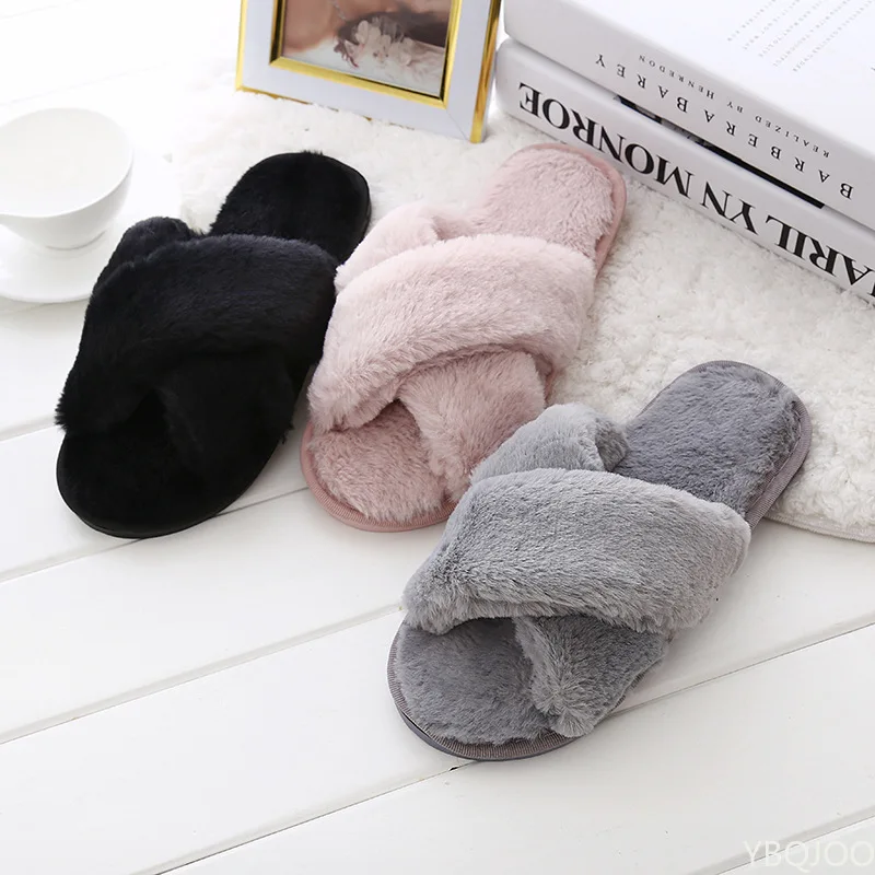 2022 NEW Design Women Winter House Furry Slippers Women Cross Fluffy Fur Home Slides Flat Indoor Floor Shoes Ladies Flip Flops