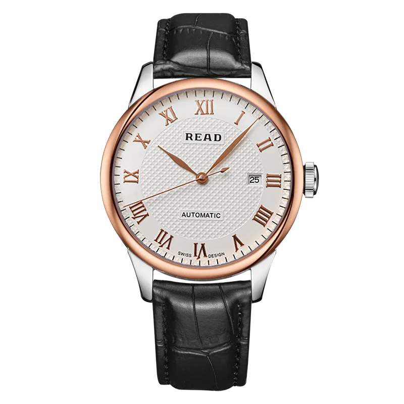 READ Men Automatic Watch | Black Textured Strap | Roman Numeral Dial With Date Window | Sapphire Glass | 50M Water Resistant