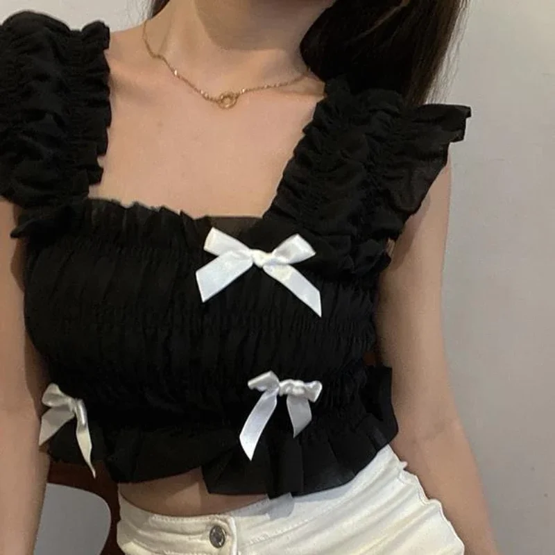 Blouses Women Flying Sleeve Sweet Slim Princess Folds Design Fashion Temperament Vintage Summer New Casual All-match Crop Tops