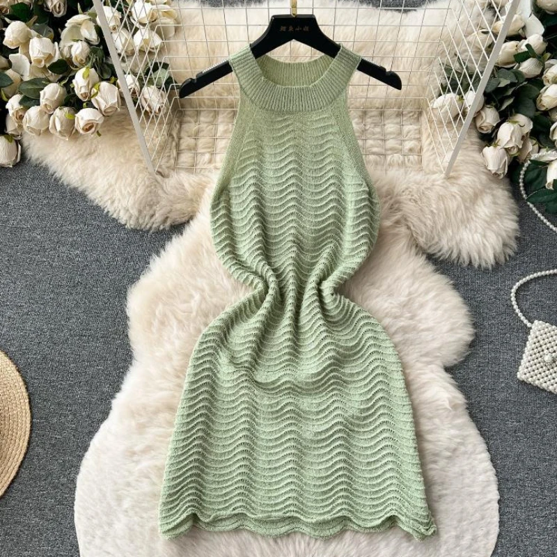 Mini abiti all'uncinetto a metà trasparente con scollo all'americana Abiti da festa per le donne Abiti in maglia scavati per le vacanze Aderenti estivi elastici