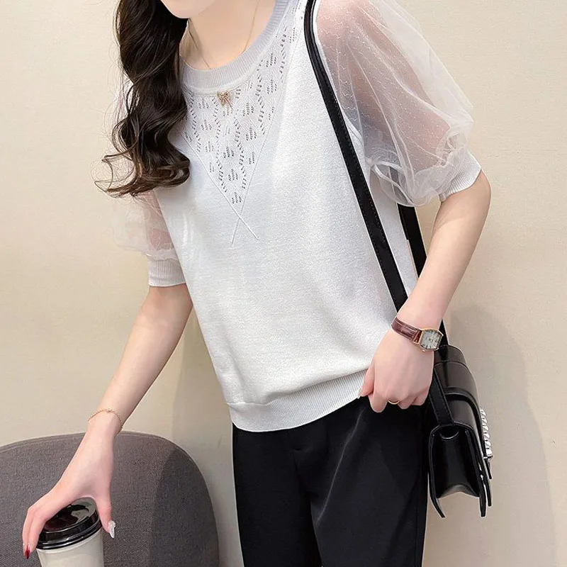 Female Gauze Puff Sleeve Solid Pullovers Elegant Fashion Hollow Out Thin Knitted Tops O-Neck Casual T-shirt Women Summer 2023