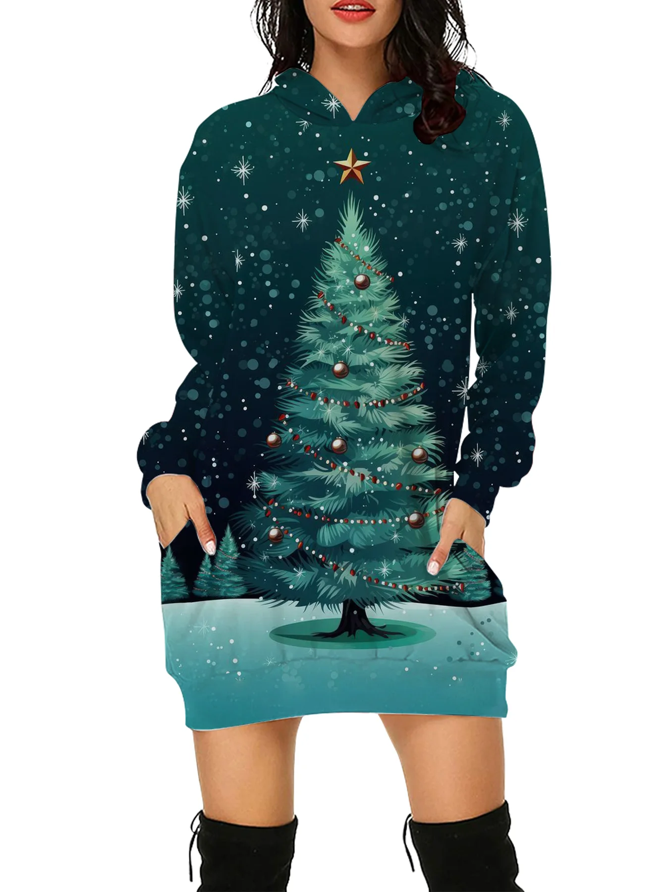 2024 Cartoon Christmas Tree Print Hoodies Fall/Winter Women\'s Long Sleeve Hoodies&Sweatshirts Casual Party Hooded Short Dresses