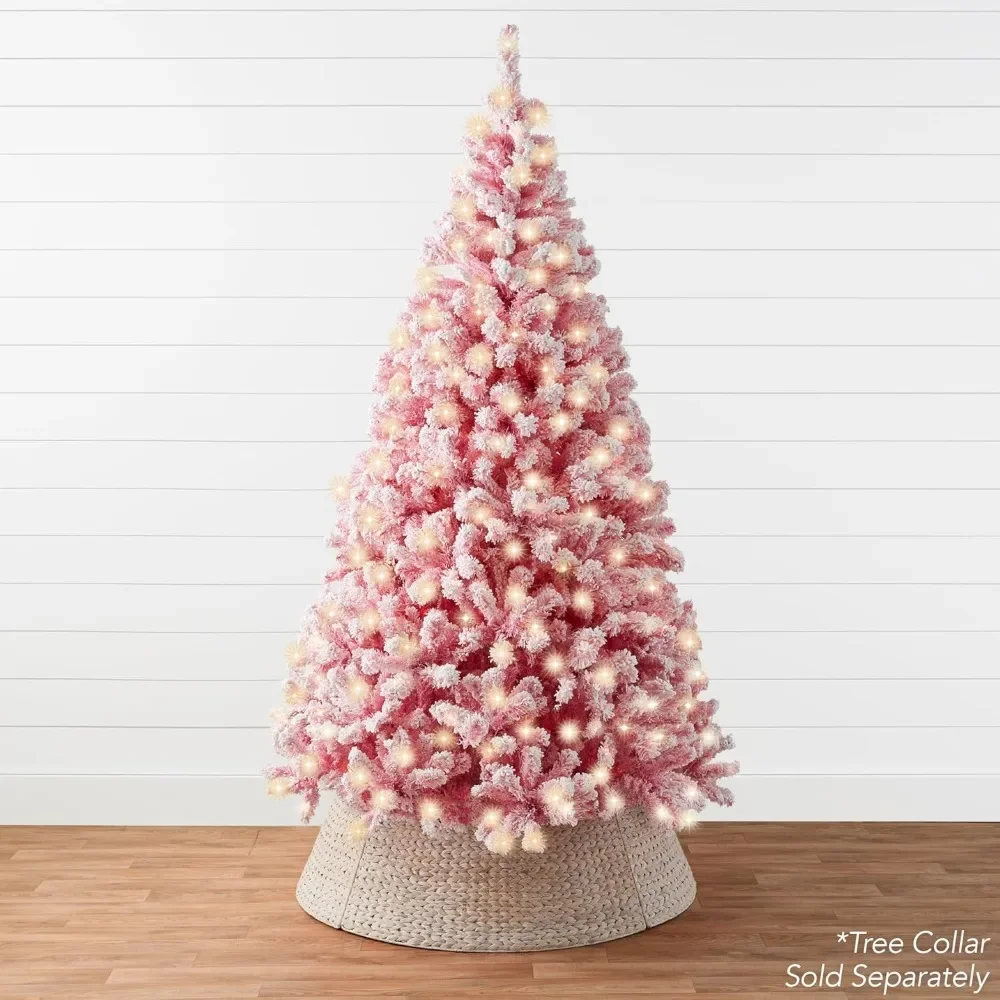 6ft Pre-Lit Pink Christmas Tree, Artificial Snow Flocked Full Fir Tree, Holiday Decoration w/ 250 Lights, Foldable Metal Base