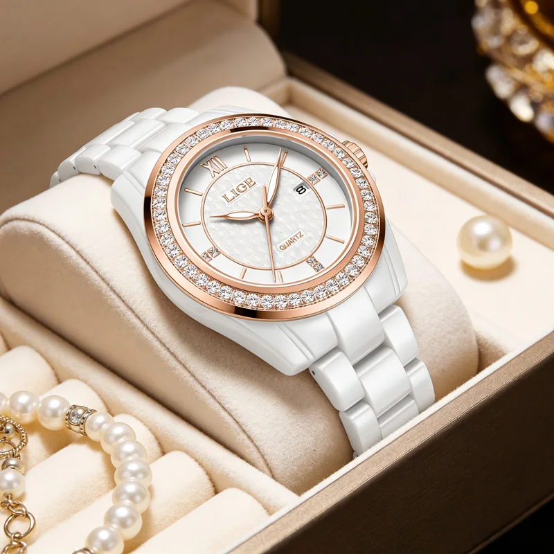 

LIGE Fashion Women Quartz Watch Ceramic Strap Waterproof Elegant Simple Ladies Wristwatch Luminous Diamond Dial Clock