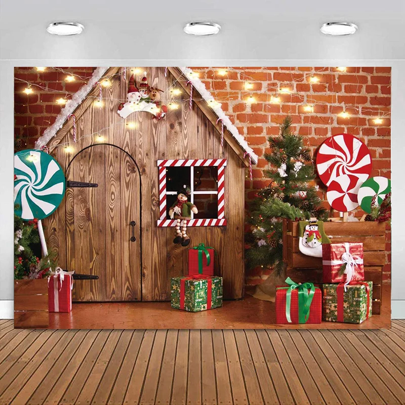 

Christmas Fabric Photography Backdrop Wooden House Candy Tree Photo Background Photo Booth Photographer Props Banner Decoration