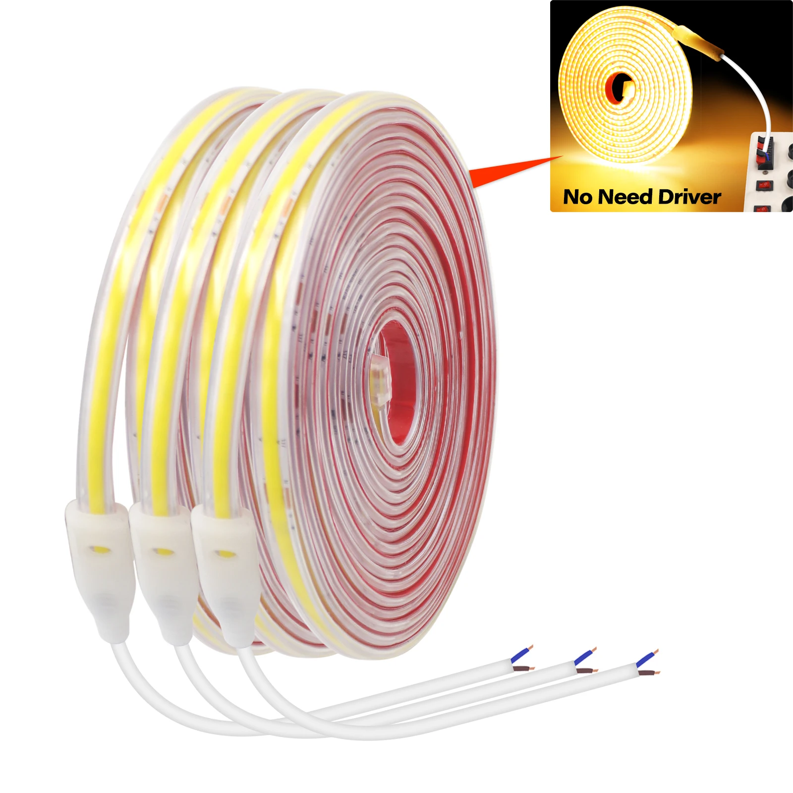 220V COB LED Strip Light 240LEDs/m Waterproof Flexible Adhesive Tape No Need Driver White Red Blue Green Indoor Outdoor Lighting