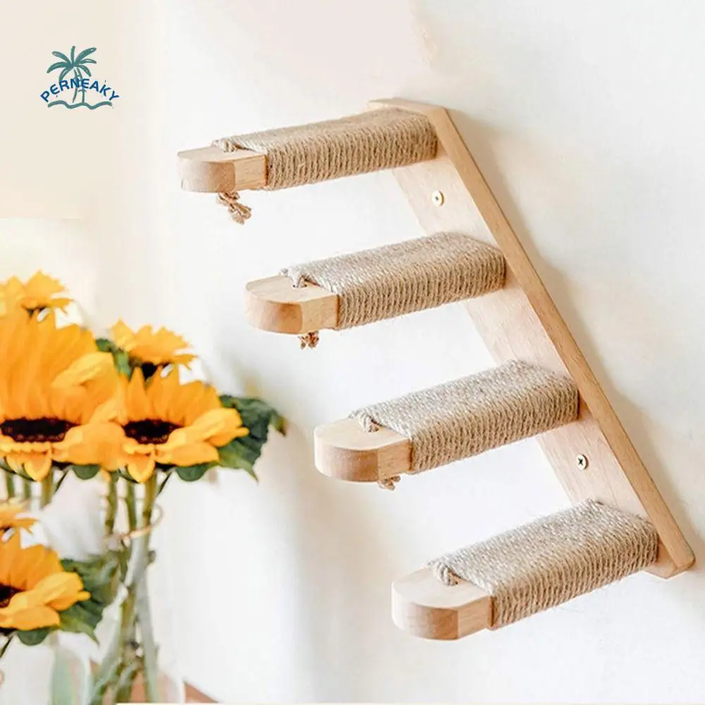 

Solid Wood Cat Climbing Shelf Steps Space Saving Wall Mounted Cat Steps Ladder with Sisal Rope Reversible