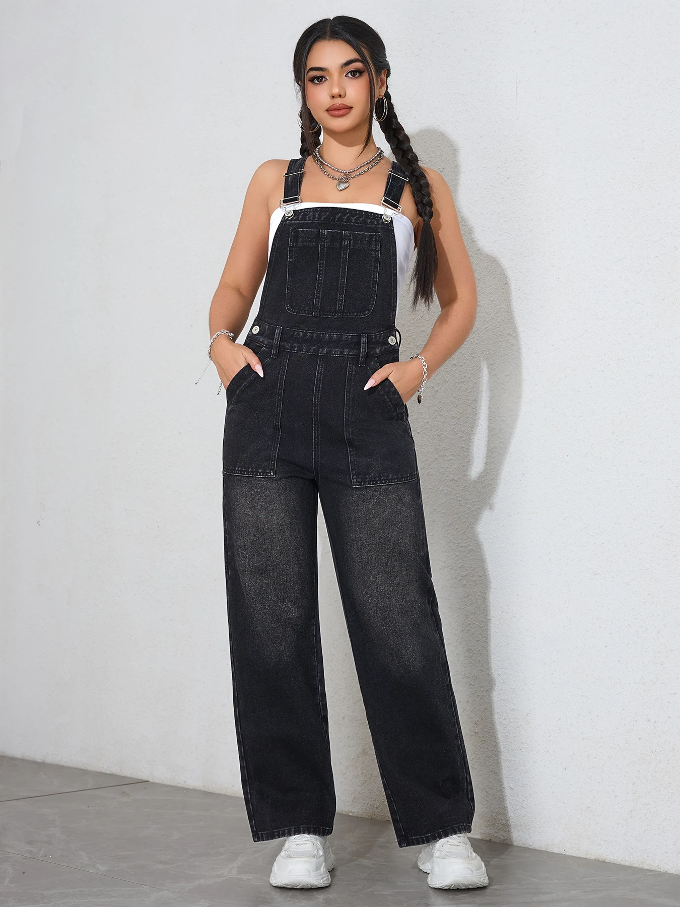 2025 Vintage Washed Women's Denim Overalls - Adjustable Straps Wide Leg Dungaree Jumpsuit Casual Workwear Romper Outfit