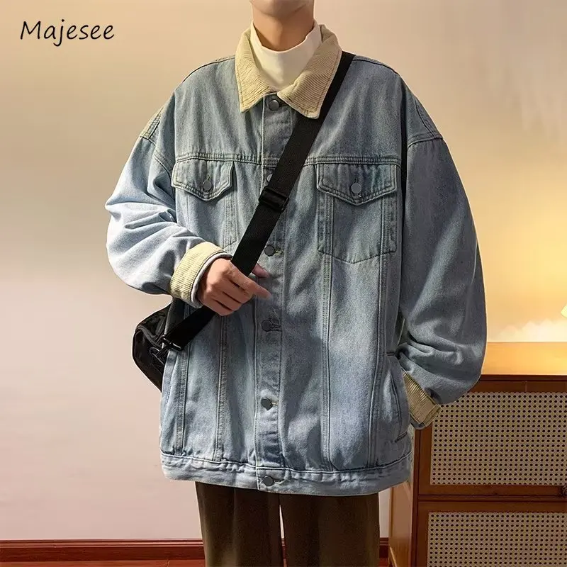 Casual Loose Denim Jackets Men Trendy Solid High Street Autumn Turn-down Collar Multi Pockets All-match American Style Teenagers