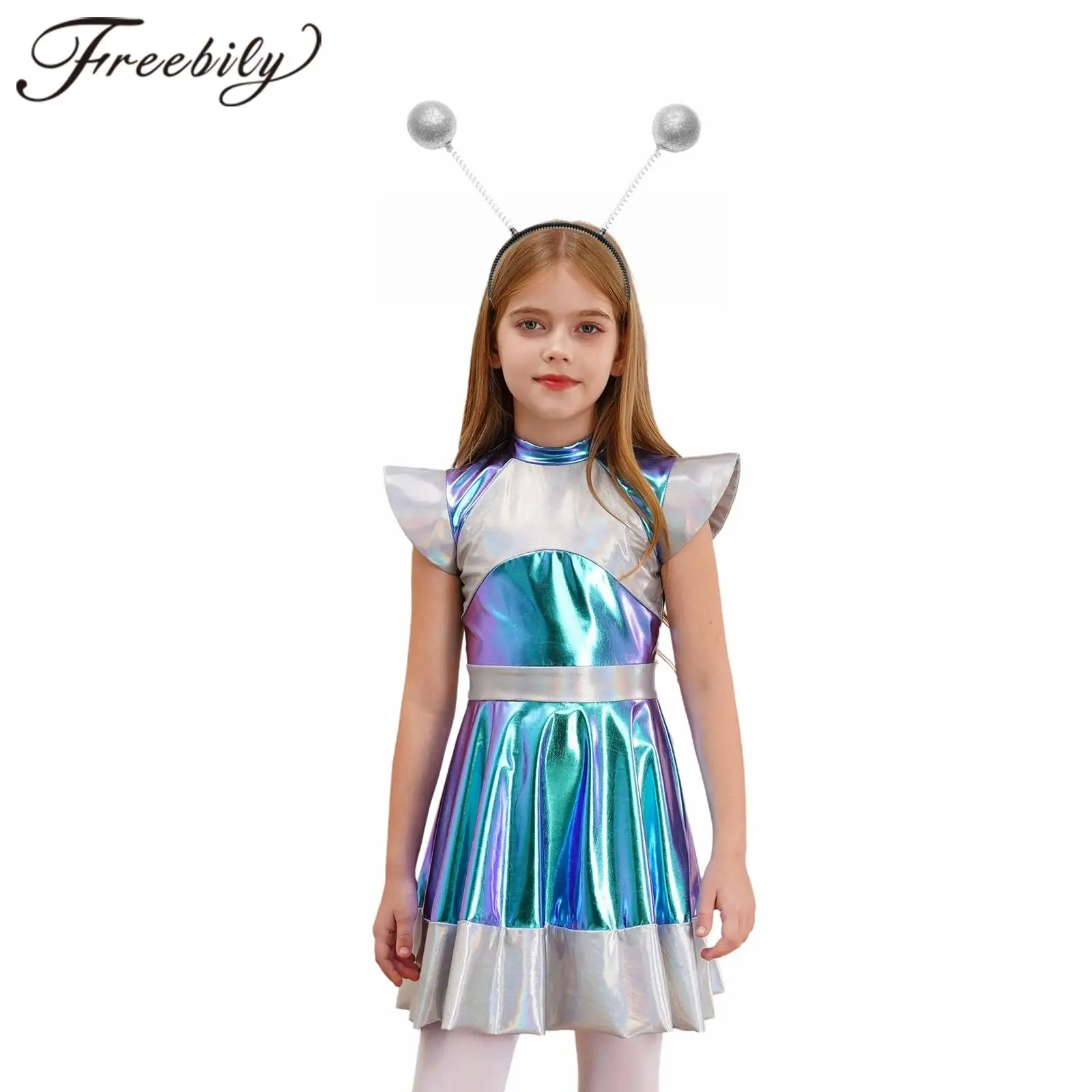 

Girls Shiny Alien Outer Space Robot Cosplay Gradient A Line Tutu Dance Dress for Future World Party Dress Up Performance Costume