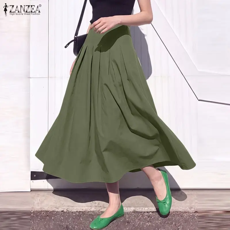 ZANZEA Summer Autumn Women Skirt High Waist Pleated A-Line Maxi Skirt With Pockets Casual Office OL Party Bottoms Oversize