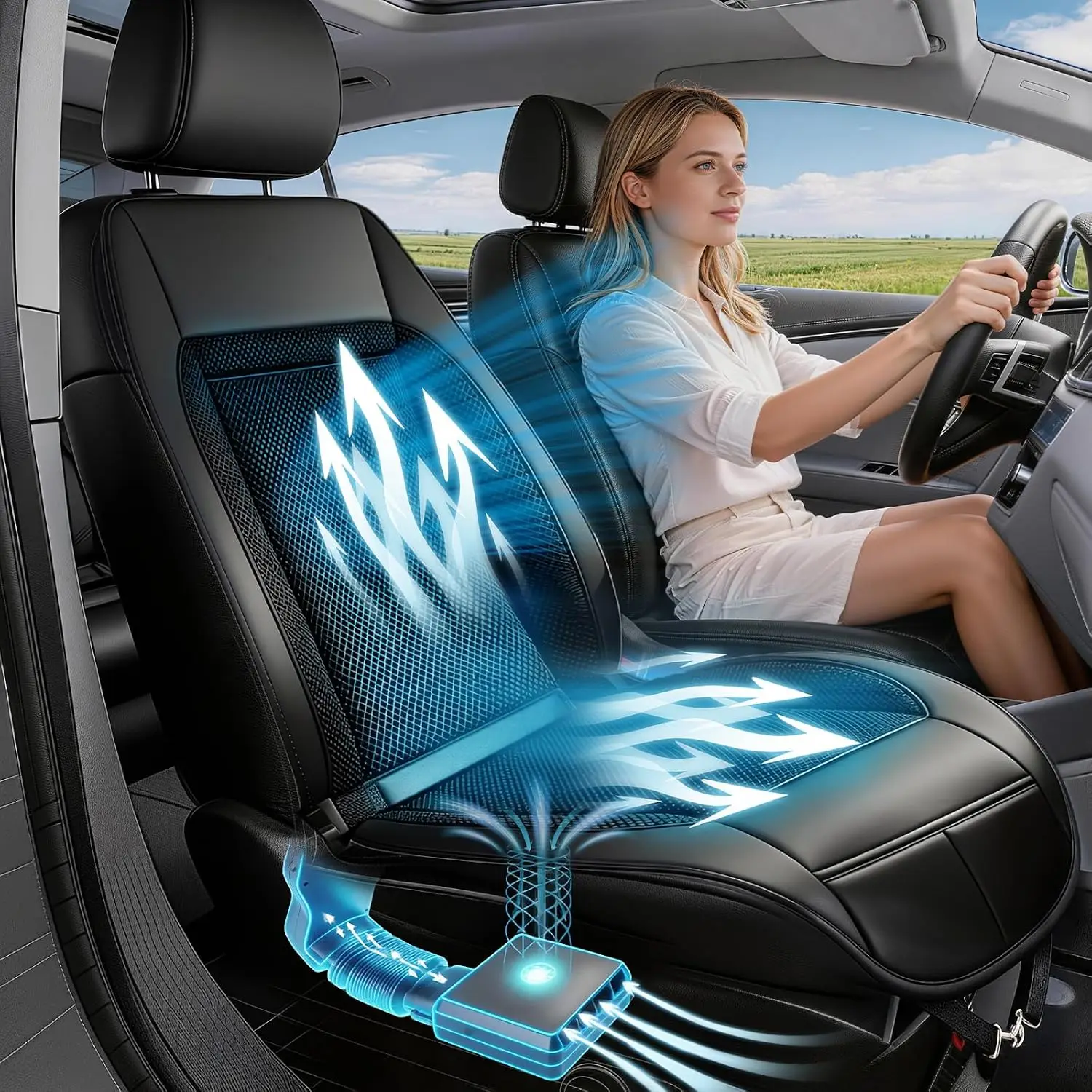 2026 Upgraded Cooling car seat Cover, Instant Cooling in 3 Seconds, 12V 3-Speed Airflow, Fits Cars, SUVs & Trucks, Breathable 3D Mesh & Premium Leather, Gift for Drivers (Black)