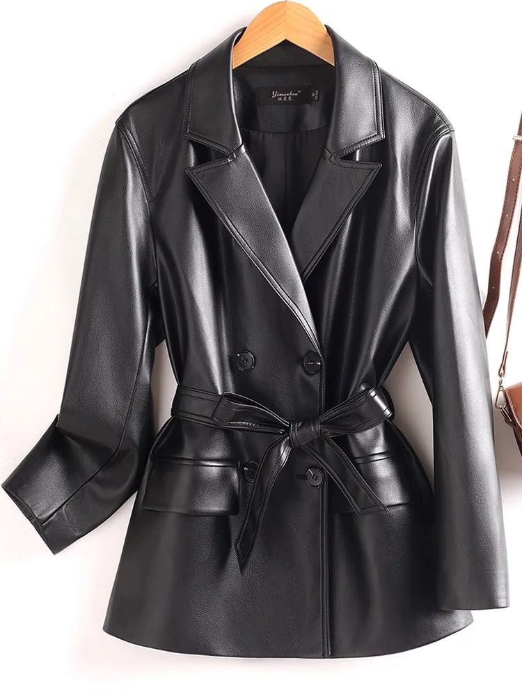 Nuova giacca da donna in pelle crosta Colletto alla moda autunnale Vita sottile con cintura Cappotto in pelle allentata Giacca elegante e semplice