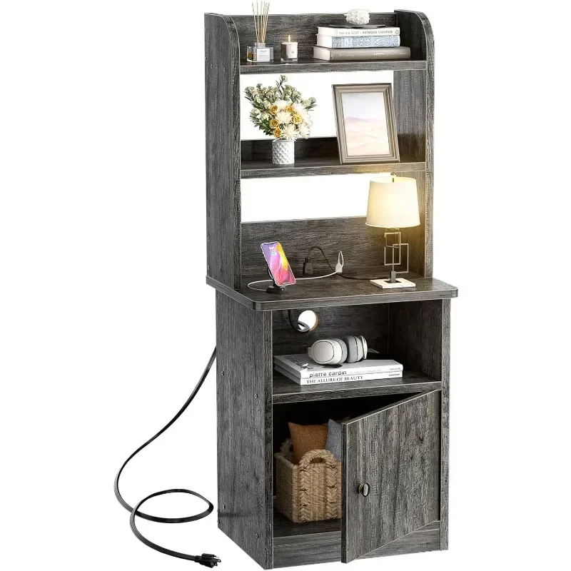 

Tall Nightstand with Charging Station and USB Ports-47" Tall Bedside Table Adjustable Bookshelf,Industrial End Table Side Table