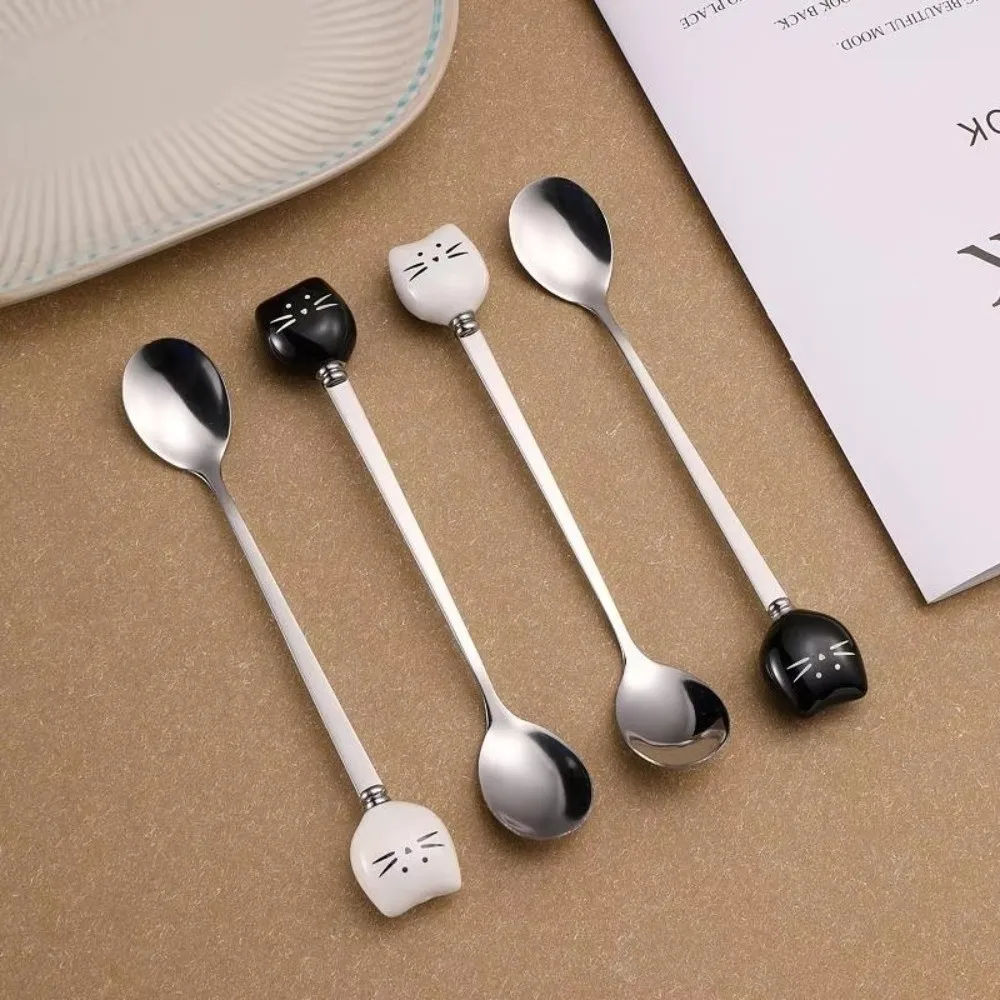 Stylish Cartoon Cat Spoon Stainless Steel Handle Food Grade Coffee Spoon Long Handle Spoon Kitchen Cutlery