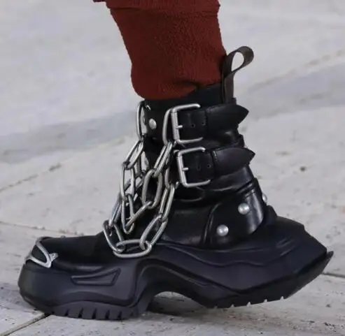 Botas Chelsea cortas de punta redonda para hombre, botines de cuero genuino negro con plataforma y suela gruesa, estilo Punk Rock, envío directo