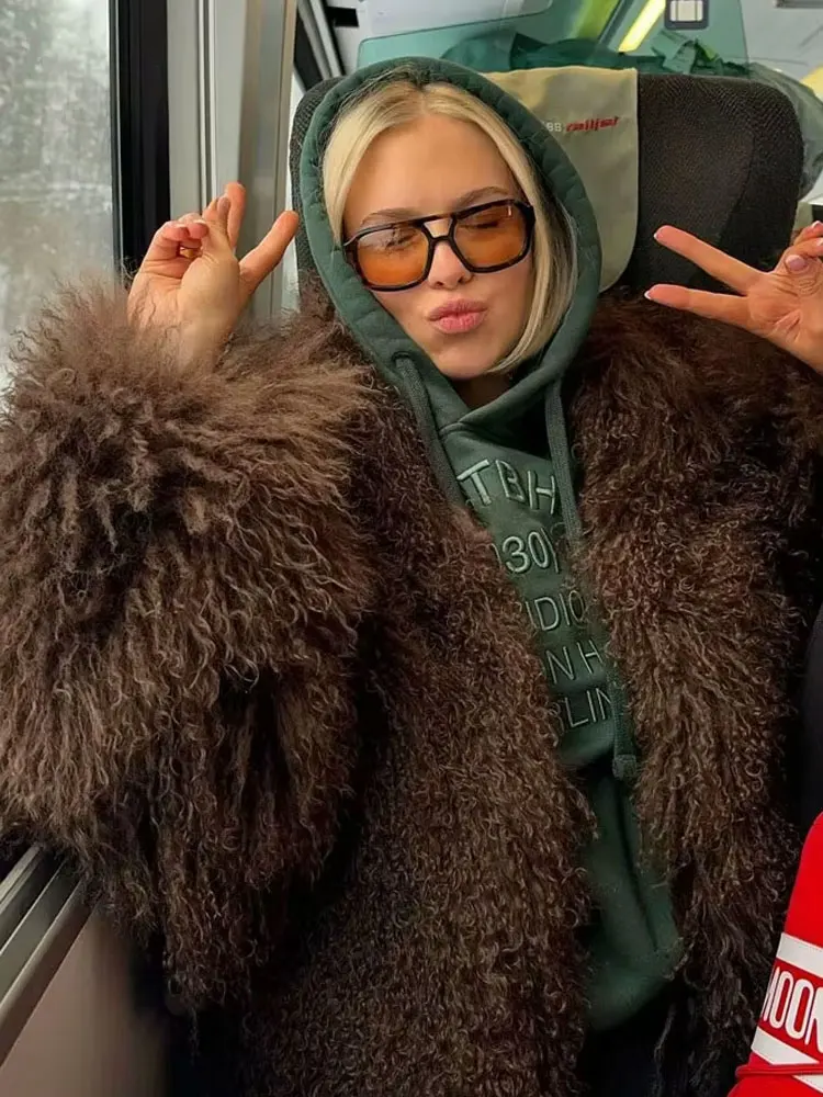 TRAFZA Zimowe Kobiece Modne Eleganckie Futrzane Płaszcze Casualowe Solidne Długie Rękawy Kołnierz 3-kolorowe Jesienne Ciepłe Szykowne Kurtki