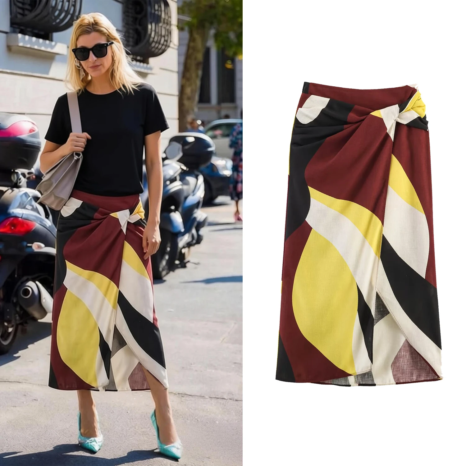

Sexy Vintage Women Printed Midi Skirt Summer Female Chic Vacation Style A-Line Skirt Lady Front Split Ruffles Long Skirt
