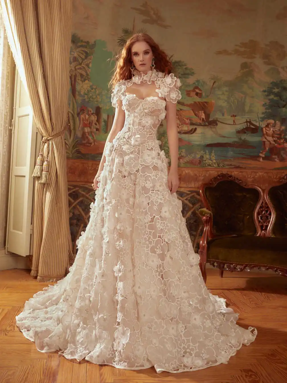 Romantic Bridal Gown Sweetheart Short Sleeve 3D Floral Embroidery Full Tiered Skirt Formal Cocktail Party Gala Evening Dresses