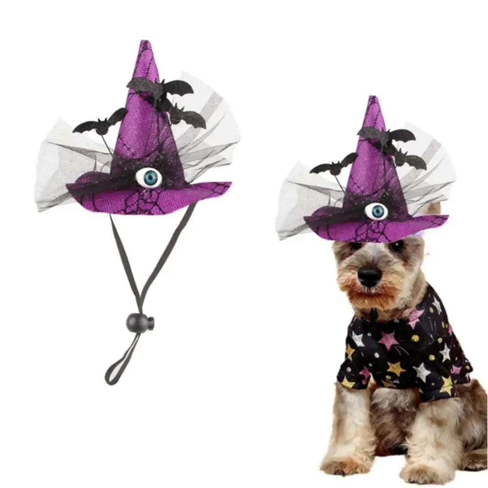 

Funny Decorative Pet Witch Hat Stripe Lace Cat Cosplay Hat Adjustable Dog Bat Hat for Photograph