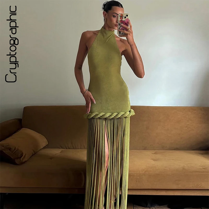 

Tassel Halter Neck Maxi Dress Rope Decorative Cord Bodycon Solid Color Sleeveless Backless Birthday Party Elegant Summer Dresses