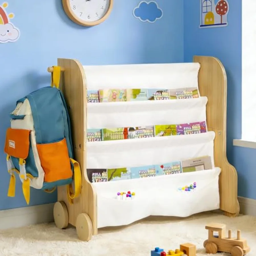 

4-Tier Bookshelf Book Shelf with Deep Fabric Pockets and Hanging Hook for Backpacks Nursery Bookcase Organizer for Bedroom Nurs