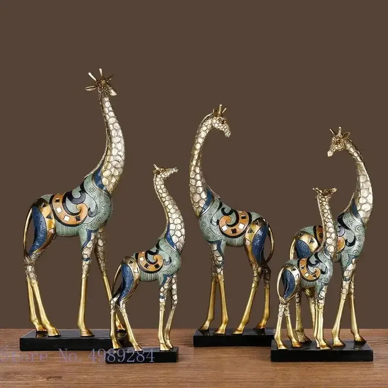 Simulation Animal Sculpture Giraffe Mother and Child Painted Animal Statue Modern Home Decoration Golden Handicraft Ornaments