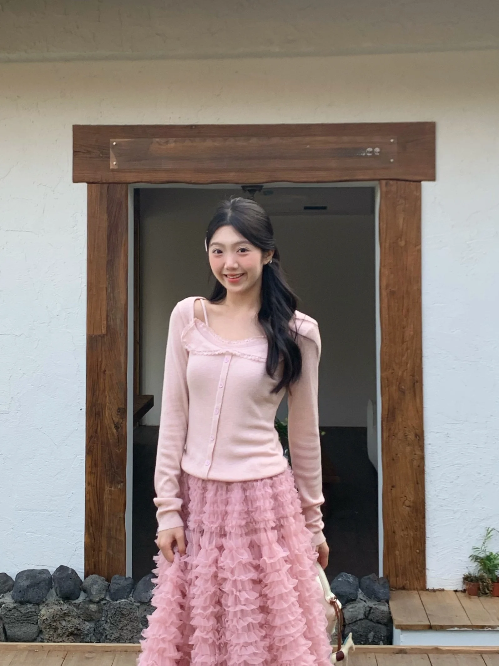 

DOMX: Модный женский укороченный вязаный топ в корейском стиле, розовый, с длинным рукавом, U-образным вырезом, дышащий, повседневный