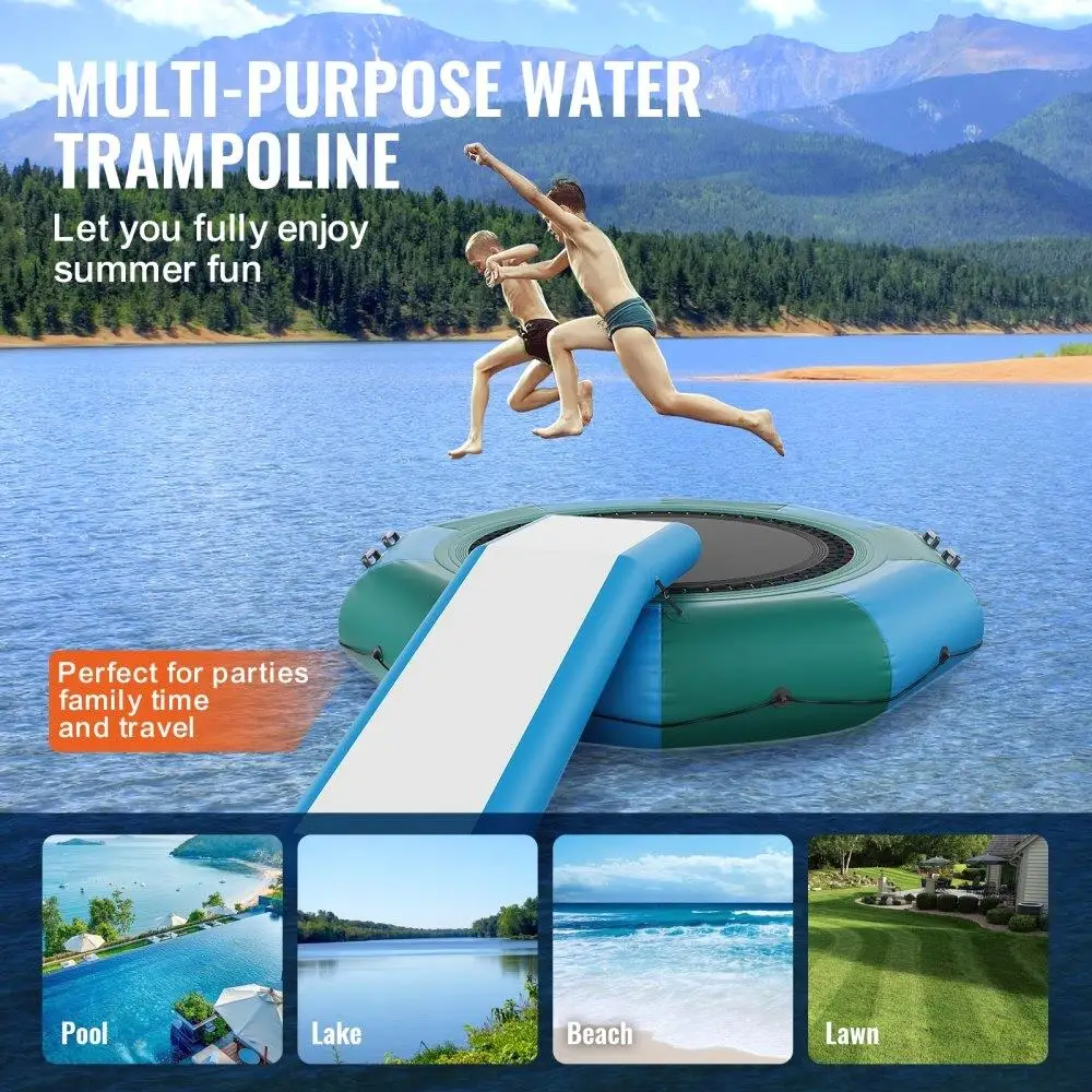Inflatable Water Bouncer, 10ft Recreational Water Trampoline, Portable Bounce Swim Platform with Slide, 3-Step Ladder &