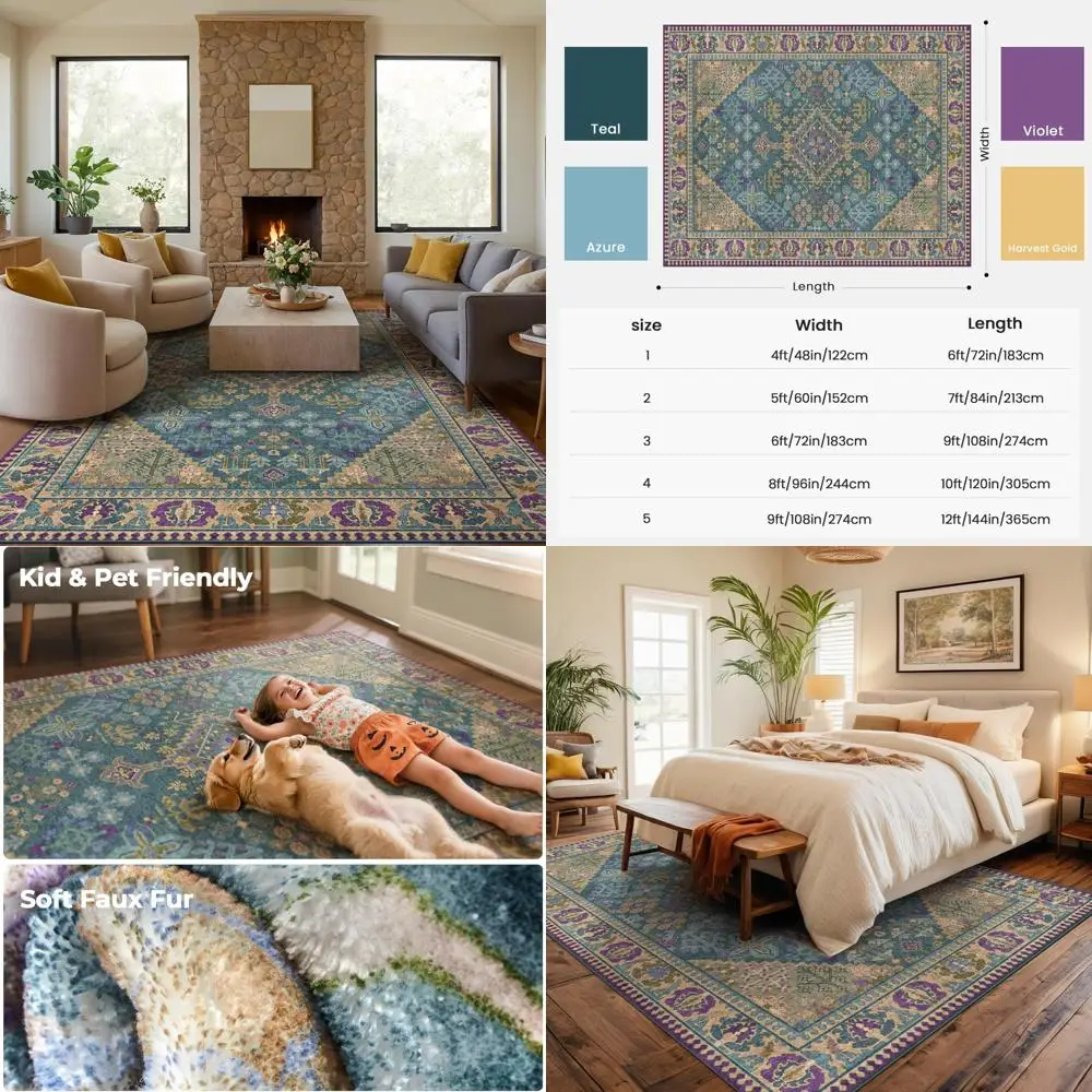Stylish Boho Area Rugs, 8x10 for Living Spaces, Stain-Resistant & Machine Washable, Non-Slip Backing for Bedrooms, Vintage Print