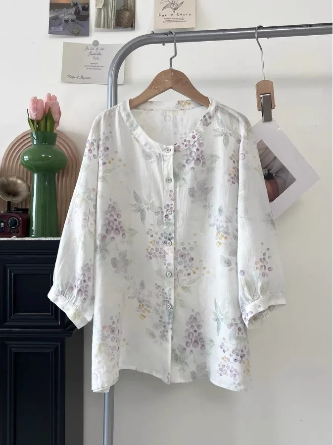 

Summer 2025 Women's Faionable Comfortable Artistic Slimming Linen Lyocell ape Print Sun Protection irt Top round Ne S...