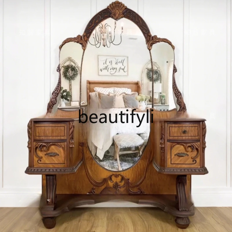 

French Retro Solid Wood Dressing Table Small Apartment Bedroom Makeup Table Home Makeup Table with Makeup Mirror
