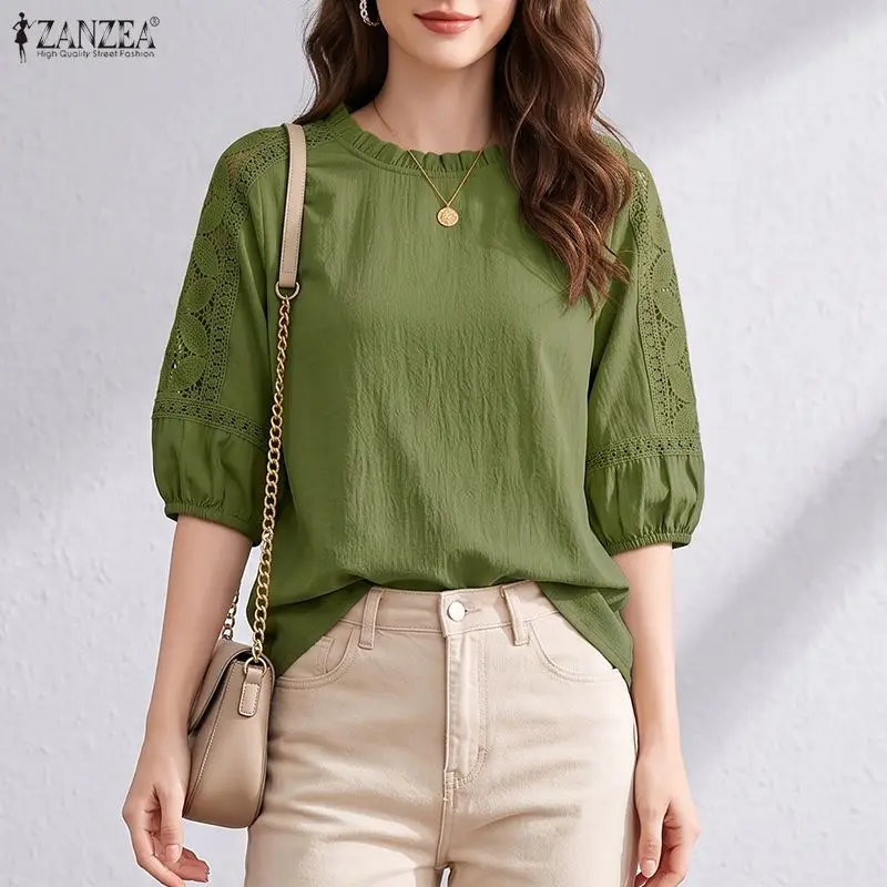 Elegant ZANZEA Women Blouse Lace Patchwork Half Puff Sleeve Blusas Ruffles O-Neck Shirt Summer Work Tops Plus Size Autumn Tee