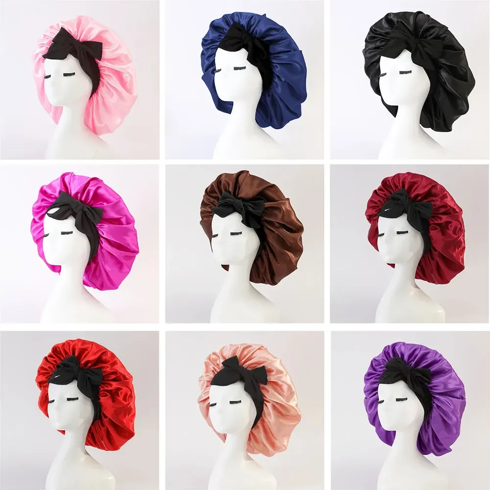 قبعة حريرية مقلدة مستديرة ، لون بوب ، قوس شريطي ، عناية بالشعر ، قبعة عريضة الحواف ، غطاء رأس ، غطاء ليلي ، جمال