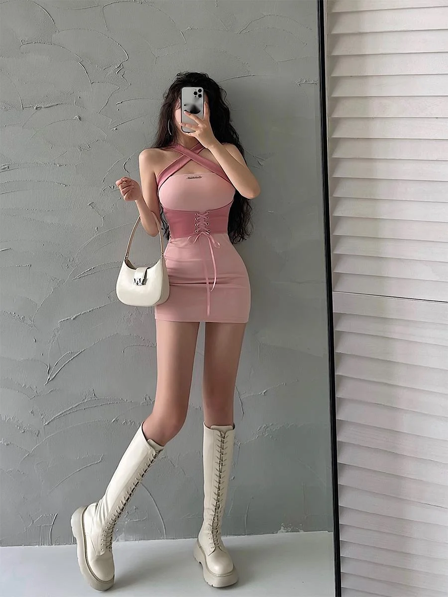 TVVOVVIN Hot Girl Style Sexy Open Back Lace Up Waist Tight Thin Neck Dress Hip Wrap Mini Dress Pink Hot Sexy Sweet Korean 0P55