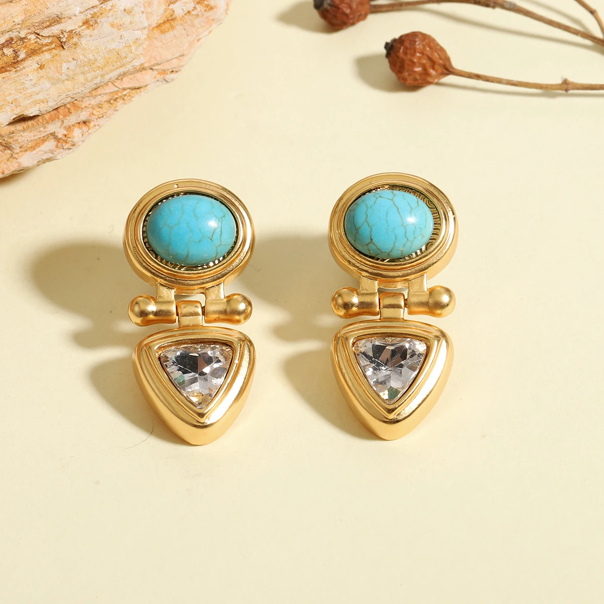 Vintage French Geometric Turquoise Triangle Crystal Drop Earrings for Women Gold Color Door Knocker Dangle Earrings Jewelry