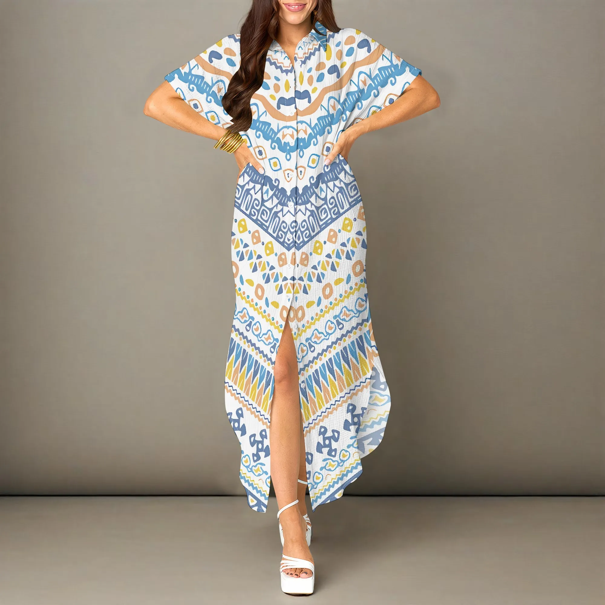 

Nupusa Ethnic Print Dress for Women Regular Size Summer Casual Shirt Neck Short Sleeve High - Low Dress