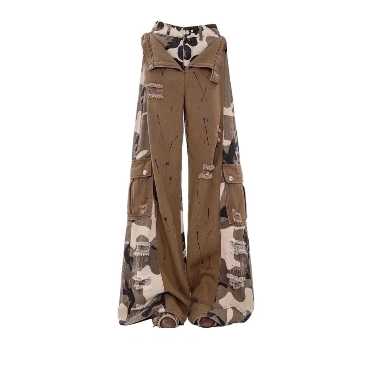 two-piece splicing jeans women's autumn camouflage tooling sweet cool personality trendy babes wide-leg mopping pants