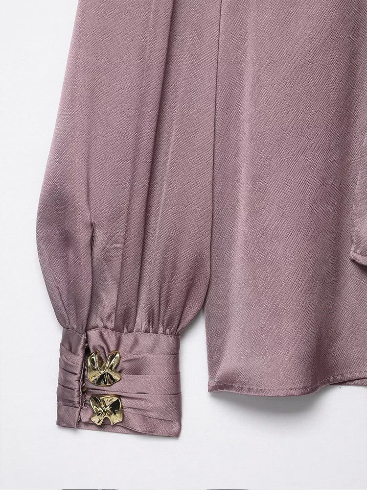 قميص نسائي جديد على الطراز الأوروبي من الساتان بلون سادة ومتعدد الاستخدامات مع زخرفة فيونكة. #3