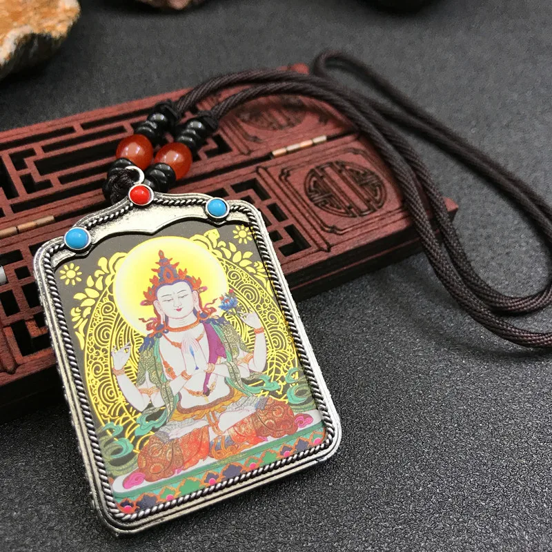 Tibetan hand-painted thangka Nepal Buddhism Pendant Necklaces Tibetan silver Amulet Chinese Style Maitreya Necklace Buddha brand