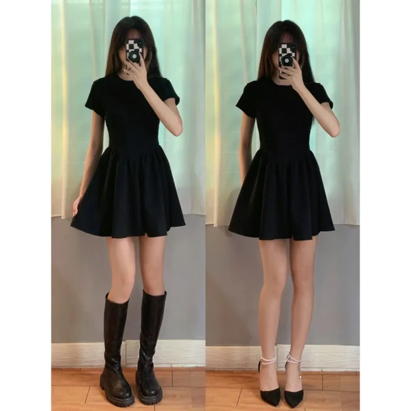 High-End Knit Petite Black Dress Spring Summer Waist-Cinching A-Line Slimming Short Pinup Style For Ladies