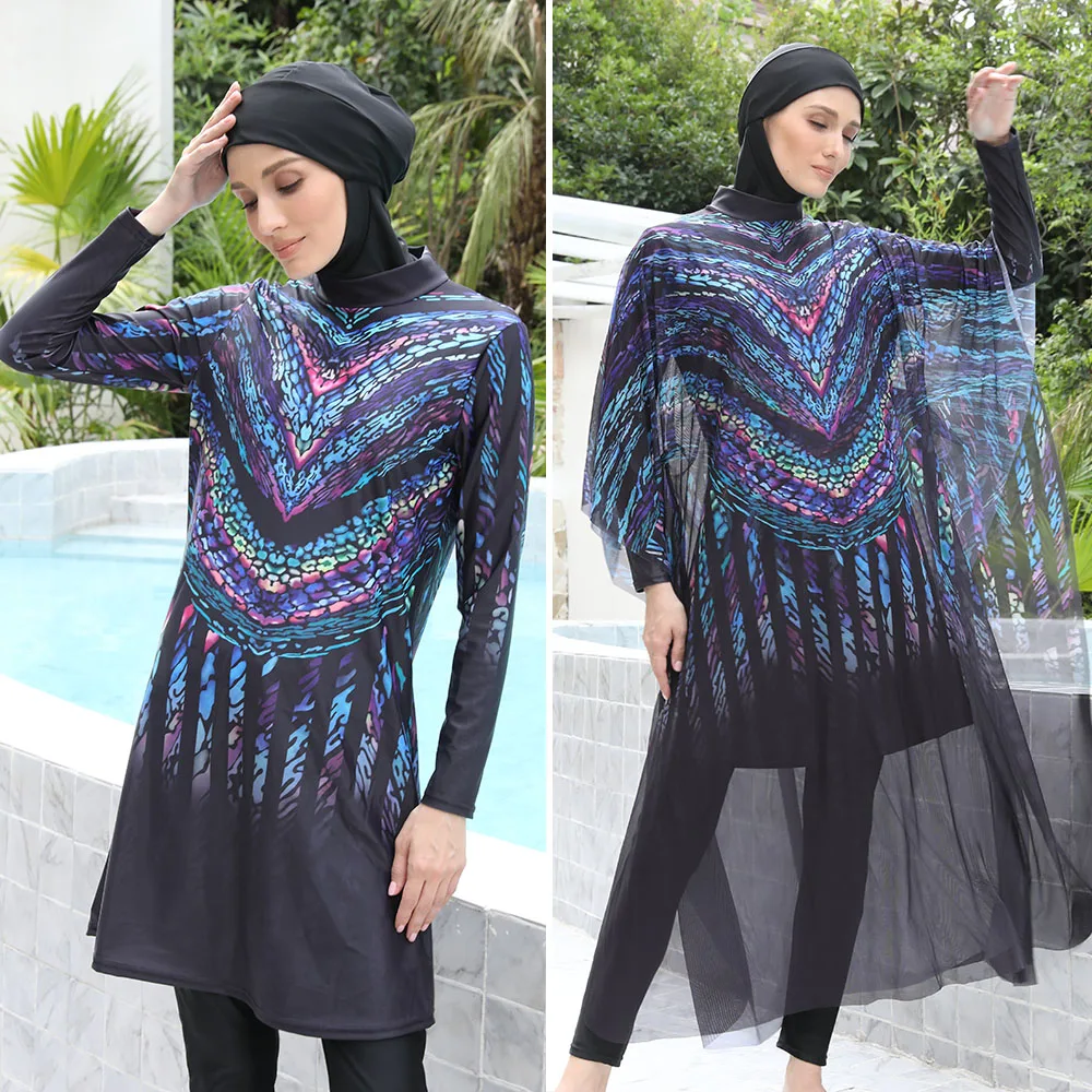 Burkini coloré pour femme, ensemble de maillot de bain islamique, couverture complète, haut et pantalon musulmans, hijabs trempés, 3 pièces, 4 pièces