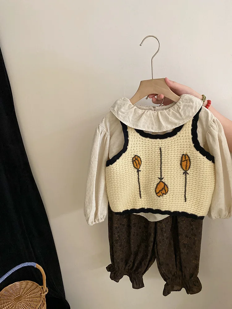 Girls Suit 2024 Autumn New Childrens Wear Korean Style Baby Girl Knit Halter Doll Collar Shirt Two-piece Set Simple Daily image 5