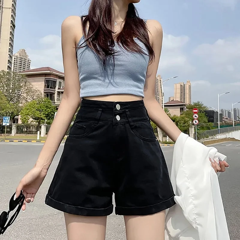Kurze Jeans mit doppelten Schnallen und geradem Bein für Damen, Frühling/Sommer, lockere, weit geschnittene Denim-Shorts mit Bündchen, trendiger Y2K-Minirock von Cuteore – Detail 7