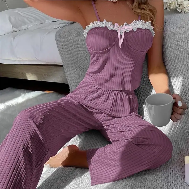 2026 Summer Hot Selling Home Clothes Vertical Pit Stripe Splicing Lace Strap Top and Pants Two Piece Set for Women