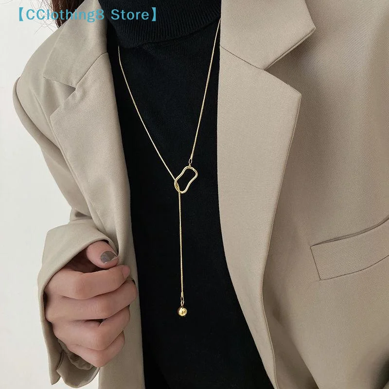 Minimalist Metal Ballpoint Pendant Necklace Lady Elegant Long Geometric Pull-Out Chain Necklace Autumn Sweater Jewelry【AliS8】