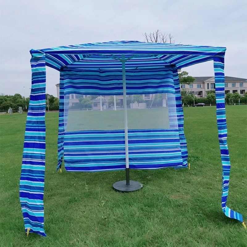 6FT Beach Hut Tent Umbrella 4 Post Steel Frame Corner Sand Bags Mesh Panels UV Block Windproof Foldable for Seaside
